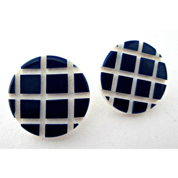 Vintage Button Earrings Blue White Check 80's Jewelry - Picture 1 of 4